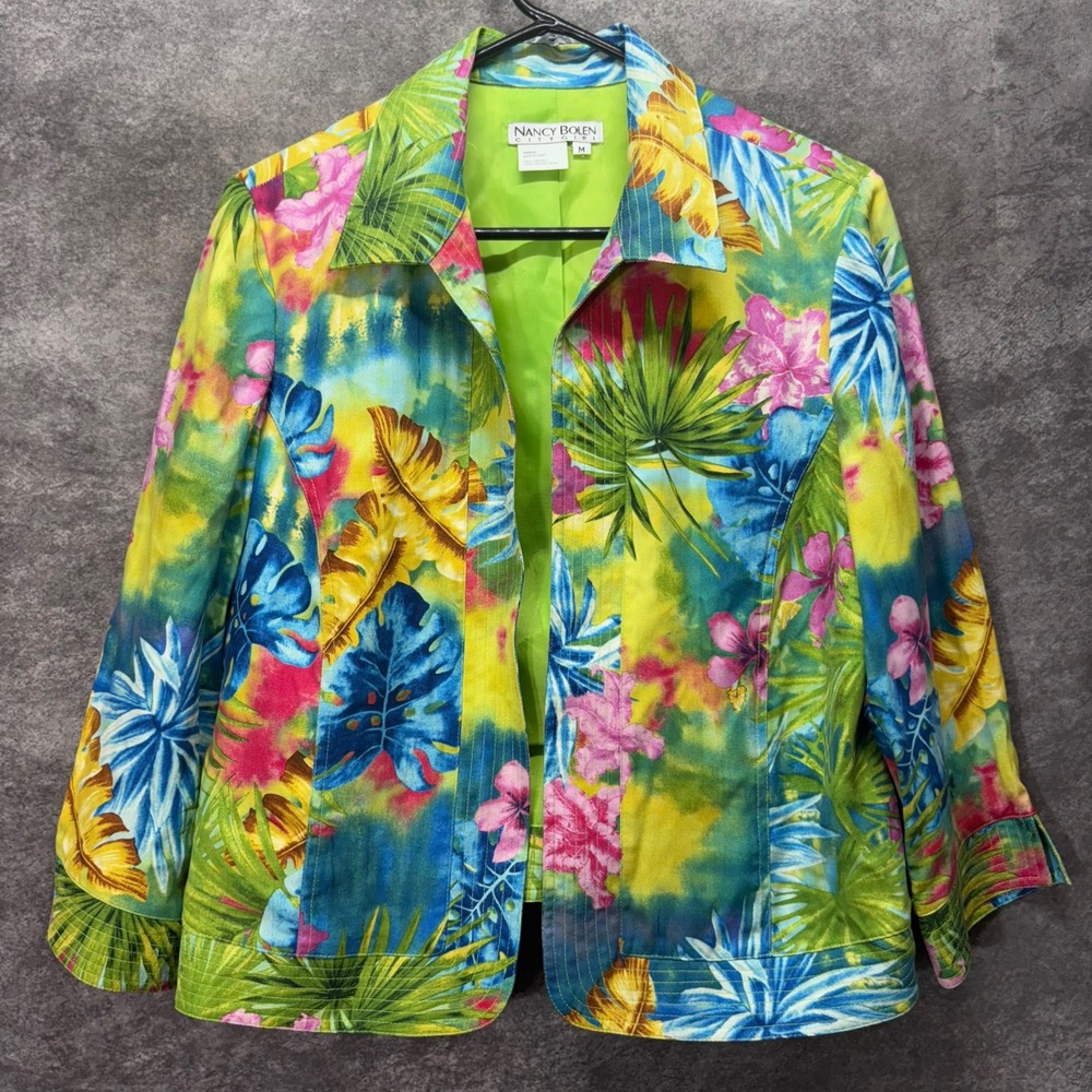 VTG Nancy Bolen Silk Tropical Floral Print Jacket Size M Open Front Colorful